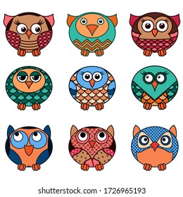 Set of nine cute cartoon oval owls in various pattern isolated on the white background, cartoon vector outlines as icons