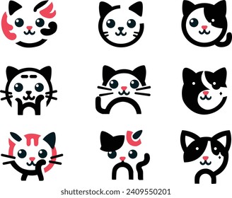 A set of nine cute cat icons in black and red, showing playful and curious expressions on a traceperent background. Minimalist and stylized  design.