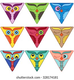 Set of nine cute colorful owl faces placed in triangle shapes and isolated on a white background, cartoon vector illustration as icons