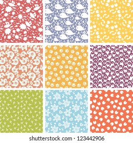 Set of nine cute elements seamless patterns backgrounds  with hand drawn elements