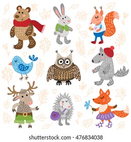 Set of nine cute forest animals on leaves background