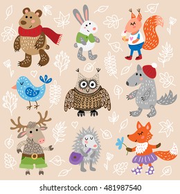 Set of nine cute forest animals on leaves background