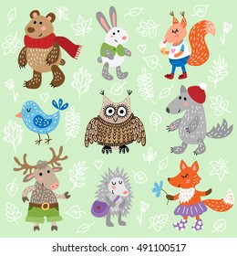 Set of nine cute forest animals on leaves background