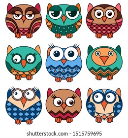 Set of nine cute and funny various oval owls isolated on the white background, cartoon vector black outlines as icons