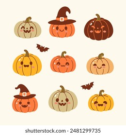 Juego de nueve lindas calabazas de Halloween. Vector gráfico.