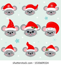 Set of nine cute mouse rat heads in Santa's hat. Year of the rat. Cartoon, flat style, vector.