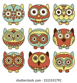 Set of nine cute oval owls in muted blue, red and green colors isolated on the white background, cartoon vector black outlines as icons
