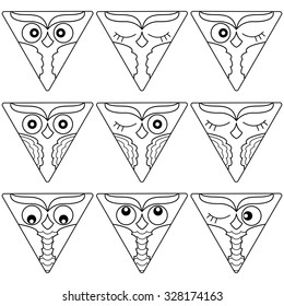 Set of nine cute owl faces placed in a circle and isolated on a white background, cartoon vector black outlines as icons
