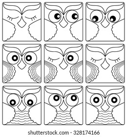 Set of nine cute owl faces placed in square forms and isolated on a white background, cartoon vector black outlines as icons