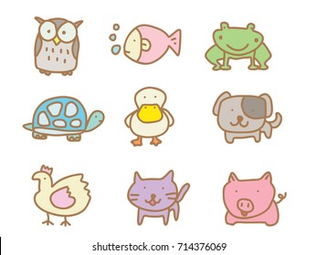 set of nine cute pastel cartoon animals