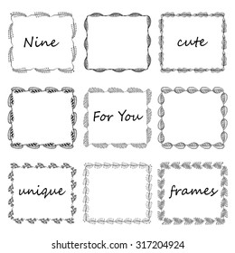 Set of nine cute square doodles frames. Vector hand-drawn illustration of borders with leaves