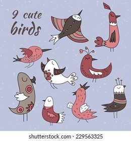 Set of nine cute winter birds. Brown, red, blue and white colored.