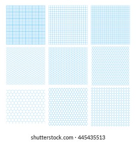 Set of nine cyan geometric grids, seamless patterns isolated on white. Millimetric, isometric, hexagonal and circles.