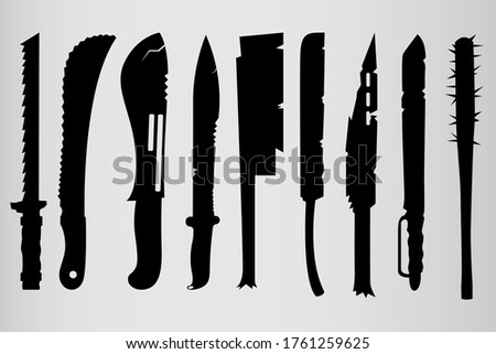 Set of nine cyberpunk weapons, swords, maces, axes. Homemade weapons made of nails, pipes, fittings, etc. Cold cyberpunk weapons. Weapons from the future, post-Apocalypse. Vector illustration.