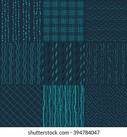 Set of nine dark blue abstract seamless pattern