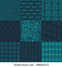 Set of nine dark blue abstract seamless pattern