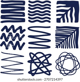 Set of nine dark blue vector scribble, brush stroke, and abstract hand-drawn elements. Includes waves, zigzags, and leaf patterns for artistic texture, borders, and graphic design.