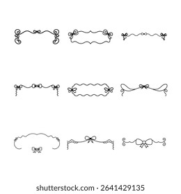 Set of nine decorative borders with bows and swirls. Black and white vector illustration for design elements.