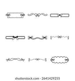 Set of nine decorative borders and frames with bows, in black and white, vector illustration.
