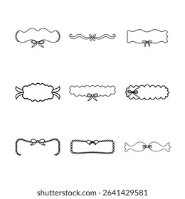 Set of nine decorative frames and dividers with bows. Black outline on white background. Vector illustration.