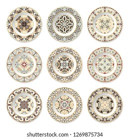 Set of nine decorative plates with a circular colored pattern, top view. White background. Vector illustration.