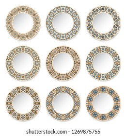 Set of nine decorative plates with a circular colored pattern, top view. White background. Vector illustration.