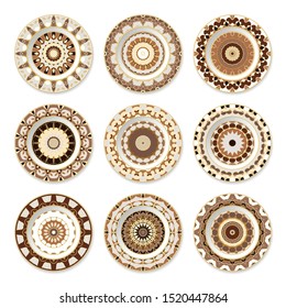 Set of nine decorative plates with a circular colored pattern, top view. White background. Vector illustration.