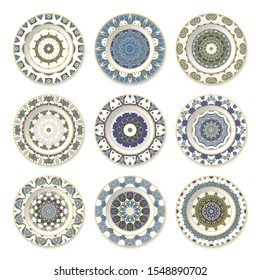 Set of nine decorative plates with a circular colored pattern, top view. White background. Vector illustration.