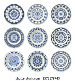 Set of nine decorative plates with a circular colored pattern, top view. White background. Vector illustration.