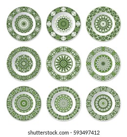 Set of nine decorative plates with a circular green pattern, top view. White background. Vector illustration.
