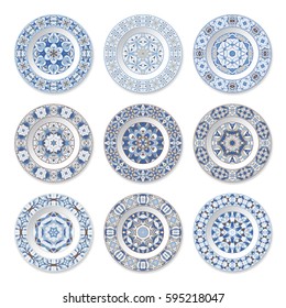Set of nine decorative plates with a circular blue pattern, top view. White background. Vector illustration.
