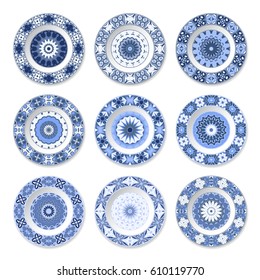 Set of nine decorative plates with a circular blue pattern, top view. White background. Vector illustration.