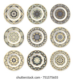 Set of nine decorative plates with a circular colored pattern, top view. White background. Vector illustration.