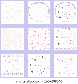 Set of nine delicate backgrounds, frame, scrapbook, with pink flowers, roses, balloons and hearts. Girl pink