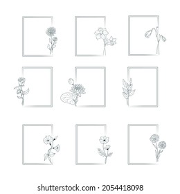 Set of nine delicate frames with birth month flowers on a white background for wedding invitations and greeting cards. Vector illustration.