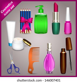 Set of nine detailed color icons on cosmetics