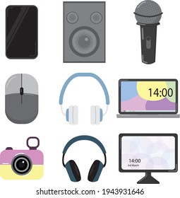 Conjunto de nueve dispositivos, incluyendo una cámara, 2 auriculares (auriculares), altavoces, micrófono, teléfono, ratón, un portátil y un monitor. Equipos multimedia, equipos tecnológicos o de alta tecnología. Tecnología. 