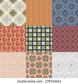 Set of nine different abstract geometrical seamless patterns. Vector background for your design