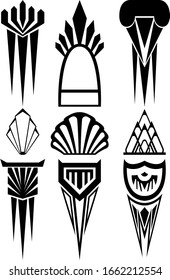 A set of nine different abstract icons. Set in the form of architectural and design moldings on the walls and columns in the style of the future. Vector illustration.