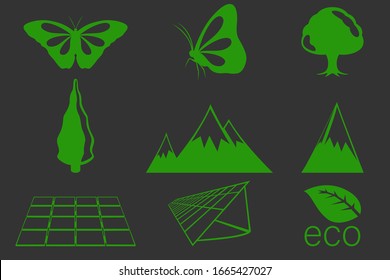 A set of nine different abstract icons for the theme of clean ecology. Image of butterflies, mountains. trees and alternative energy sources. Vector illustration.