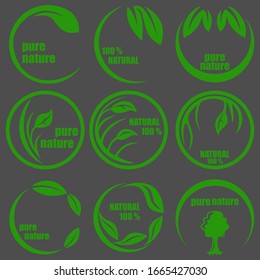 A set of nine different abstract icons for the theme of clean ecology. Abstract image of trees, branches and leaves. Vector illustration.