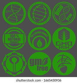 A set of nine different abstract icons for the theme of clean ecology. Products without a genetically modified organism. Vector illustration.