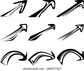 A set of nine different abstract icons. A set of different variations of designer direction arrows. Vector illustration.