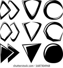 A set of nine different abstract icons. A set of different variations of the design direction arrows and the record icon. Vector illustration.
