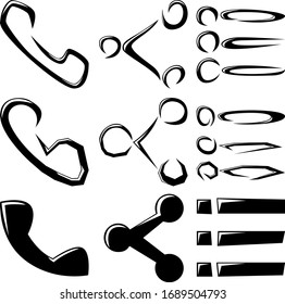 Eine Reihe von neun abstrakten Symbolen. Eine Reihe verschiedener Variationen des Telefonzeichens, der Listen und des Netzwerks. Vektorillustration.