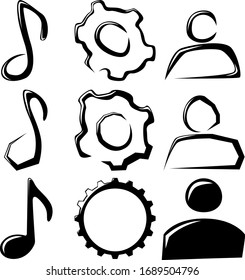 Un conjunto de nueve íconos abstractos diferentes. Un conjunto de diferentes variaciones de nota, icono musical, equipo y humano. Ilustración vectorial.