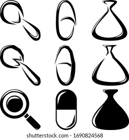 Un conjunto de nueve íconos abstractos diferentes para la medicina. Un conjunto de diferentes variaciones de vidrio de aumento, pastillas y frascos. Ilustración vectorial.