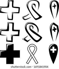 A set of nine different abstract icons for medicine. A set of different variations of the cross and sign icons for HIV-infected people. Vector illustration.