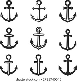 Conjunto de nueve iconos y siluetas de anclaje negro diferentes