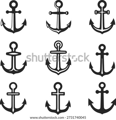 Set of nine different black anchor icons and silhouettes